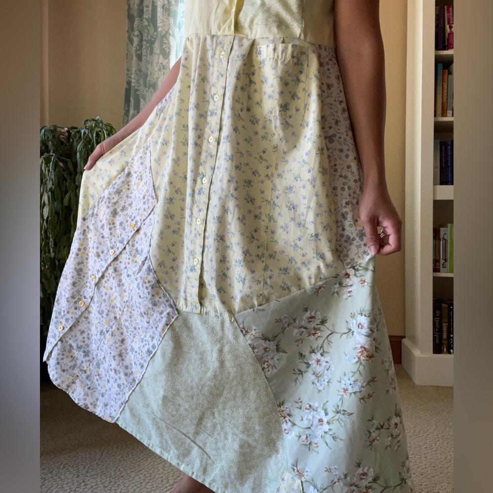 Handmade yellow and green patchwork Cottagecore cotton dress - Picture 3 of 12